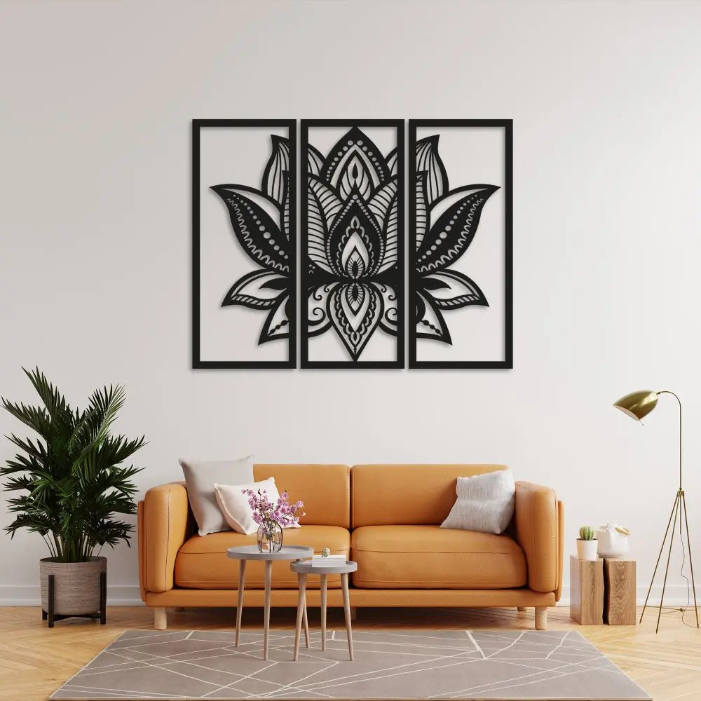 Üç Parça Lotus Metal Duvar Dekoru Laser Artique