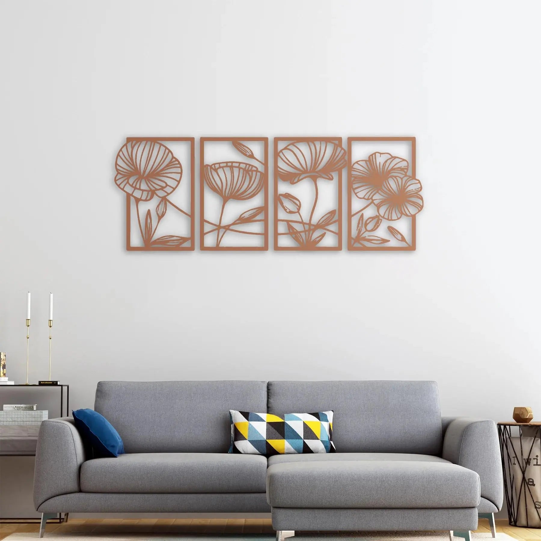 Çiçeklerin Sessiz Melodisi – 4'lü Metal Duvar Dekoru Laser Artique