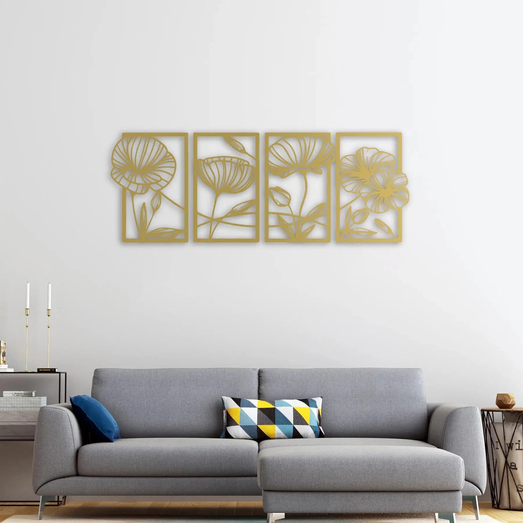 Çiçeklerin Sessiz Melodisi – 4'lü Metal Duvar Dekoru Laser Artique