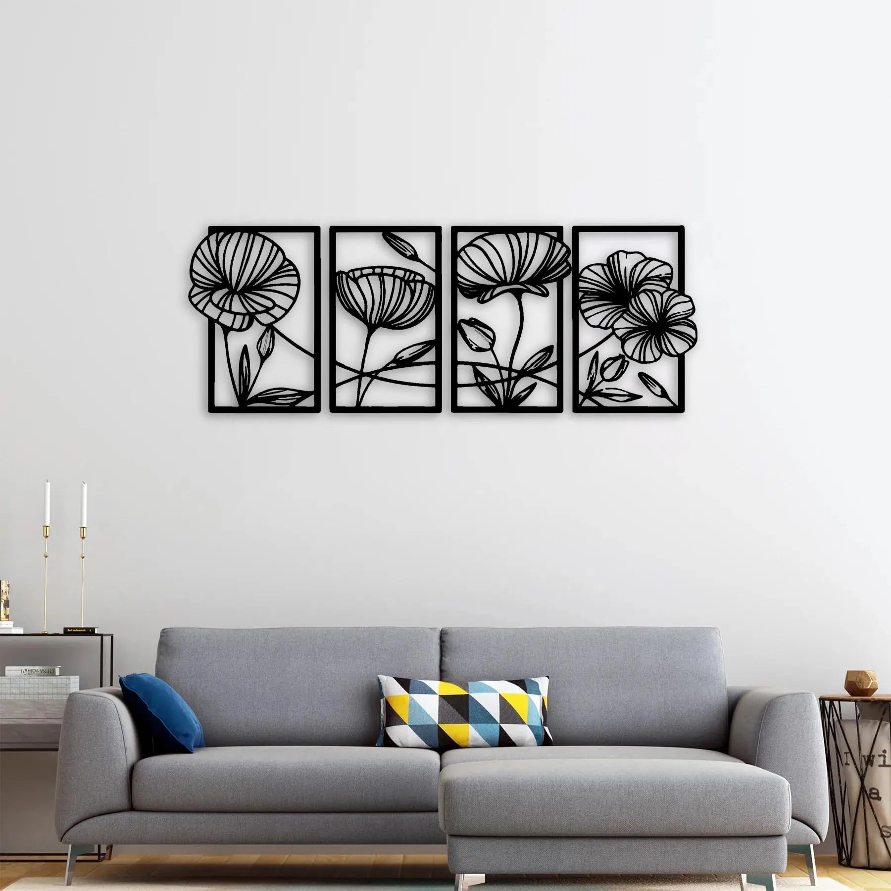 Çiçeklerin Sessiz Melodisi – 4'lü Metal Duvar Dekoru Laser Artique