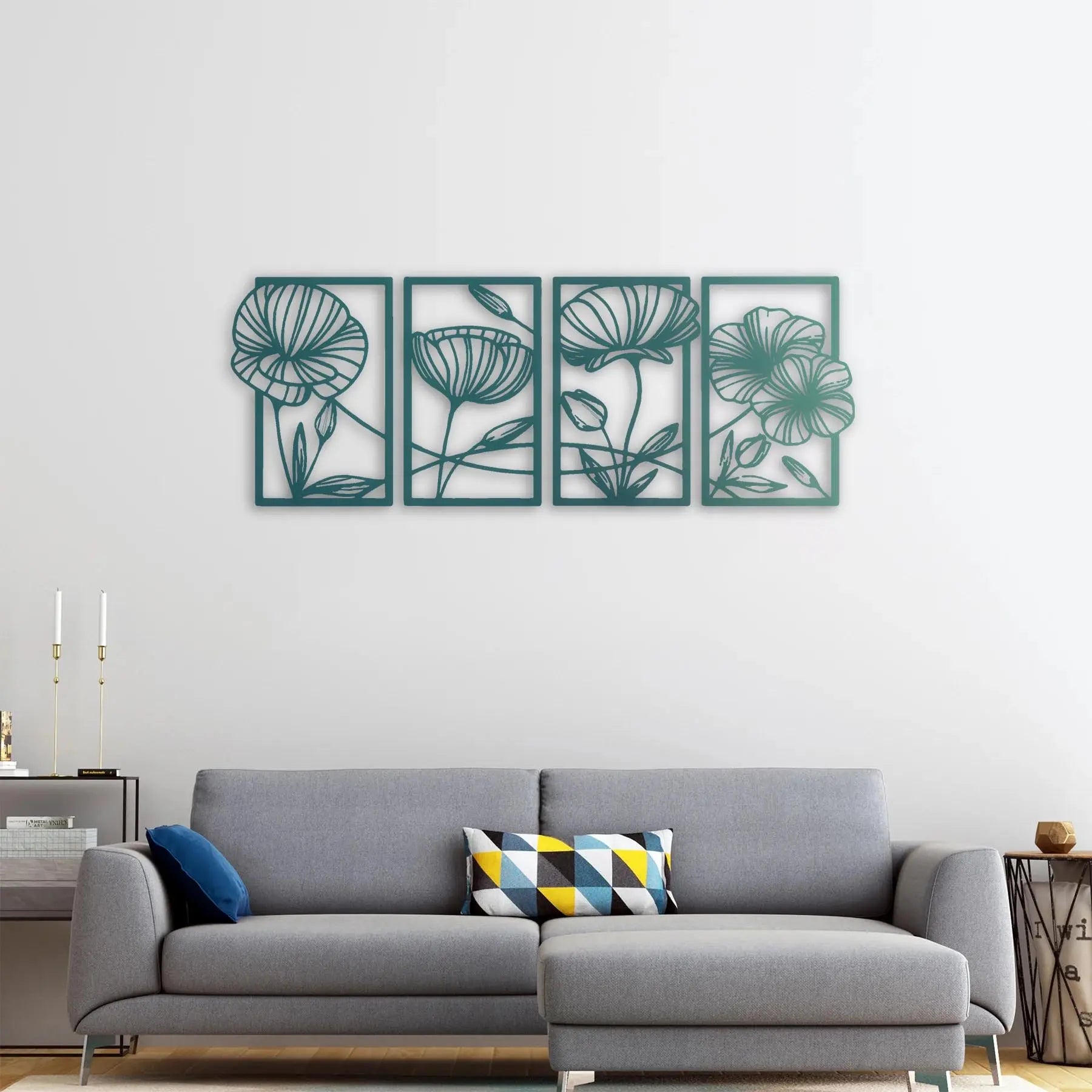 Çiçeklerin Sessiz Melodisi – 4'lü Metal Duvar Dekoru Laser Artique