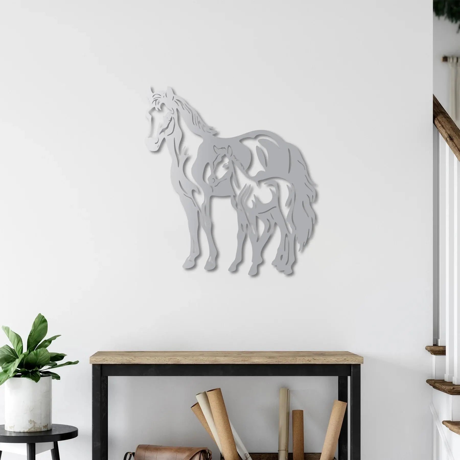 Anne ve Tay At Metal Duvar Dekoru Laser Artique