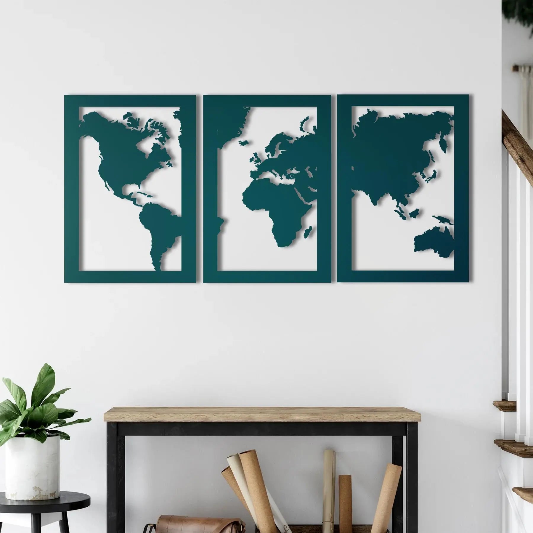 Üç Parçalı Dünya Haritası – Metal Duvar Dekoru Laser Artique