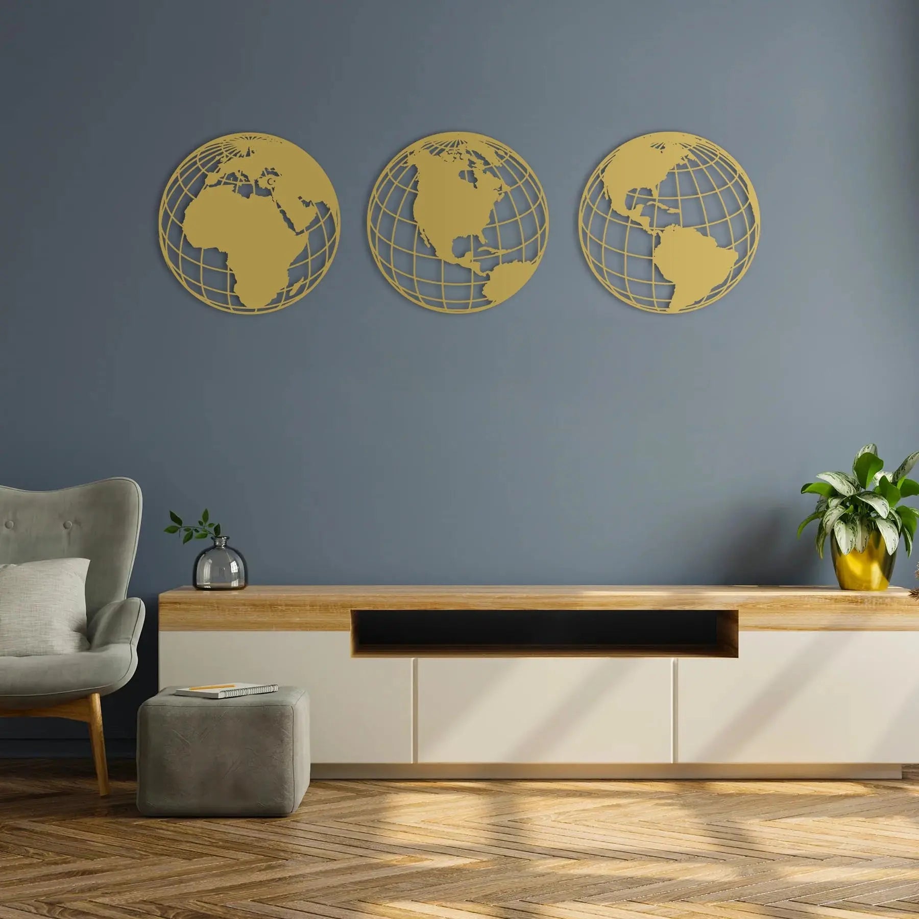 Üçlü Küresel Dünya Haritası – Metal Duvar Dekoru Laser Artique