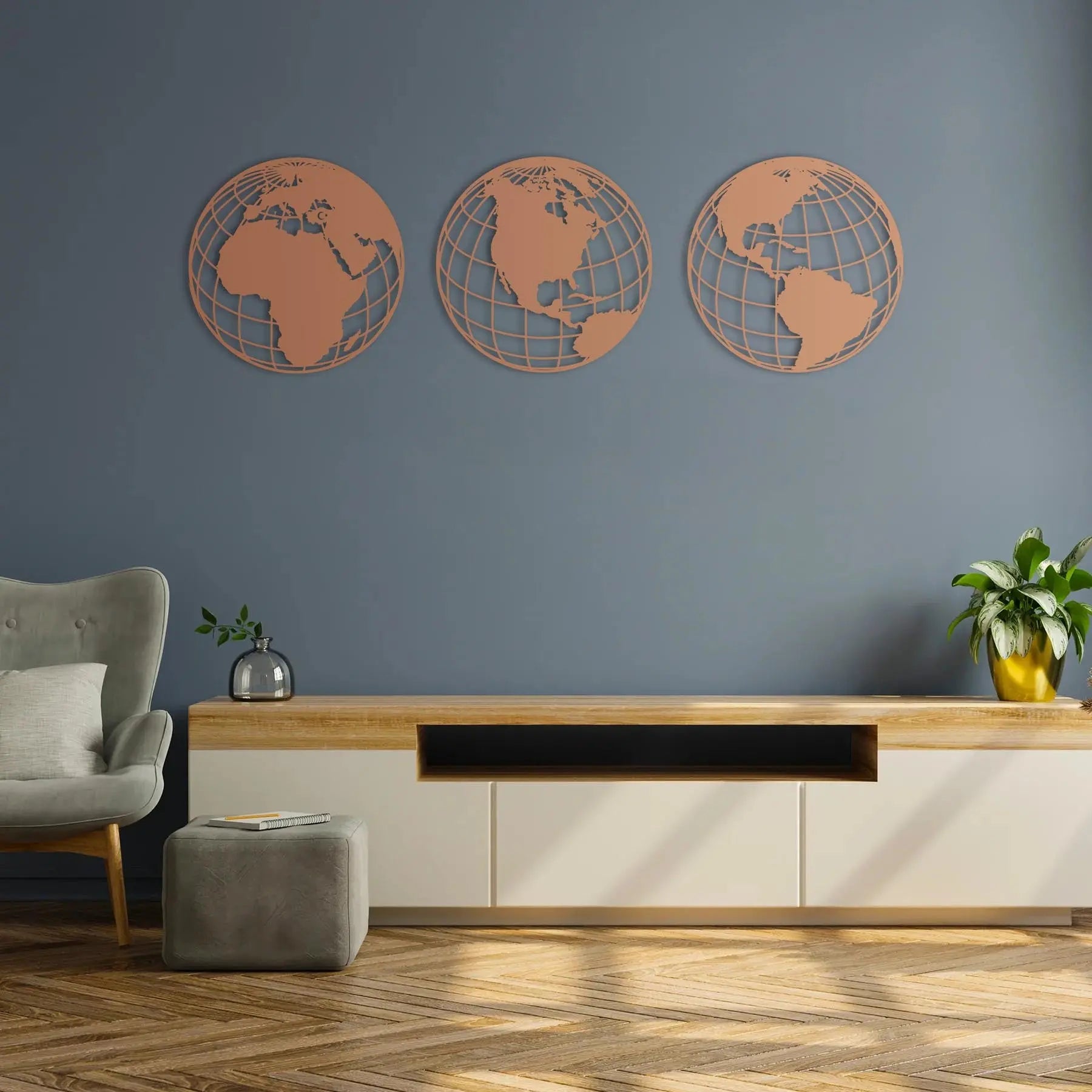 Üçlü Küresel Dünya Haritası – Metal Duvar Dekoru Laser Artique