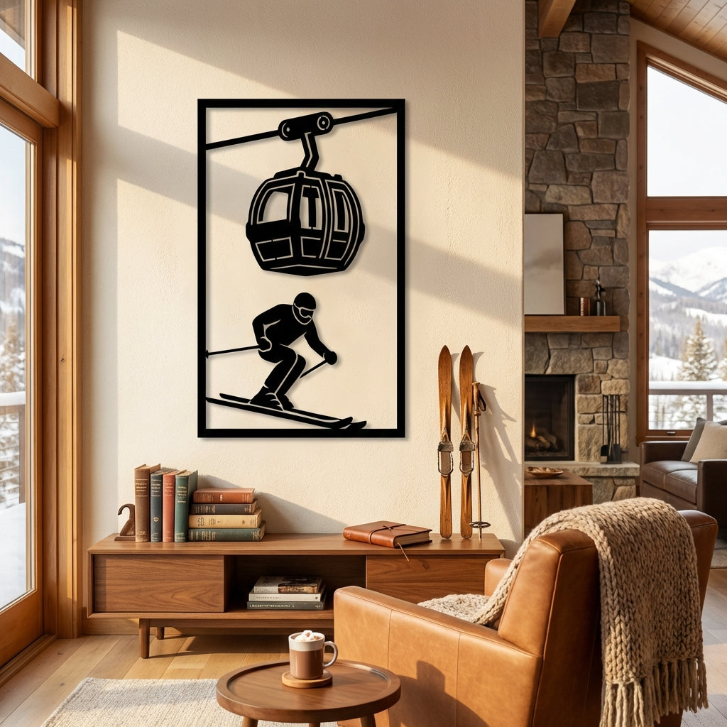 Dağların Heyecanı – Kayak ve Teleferik Metal Duvar Dekoru