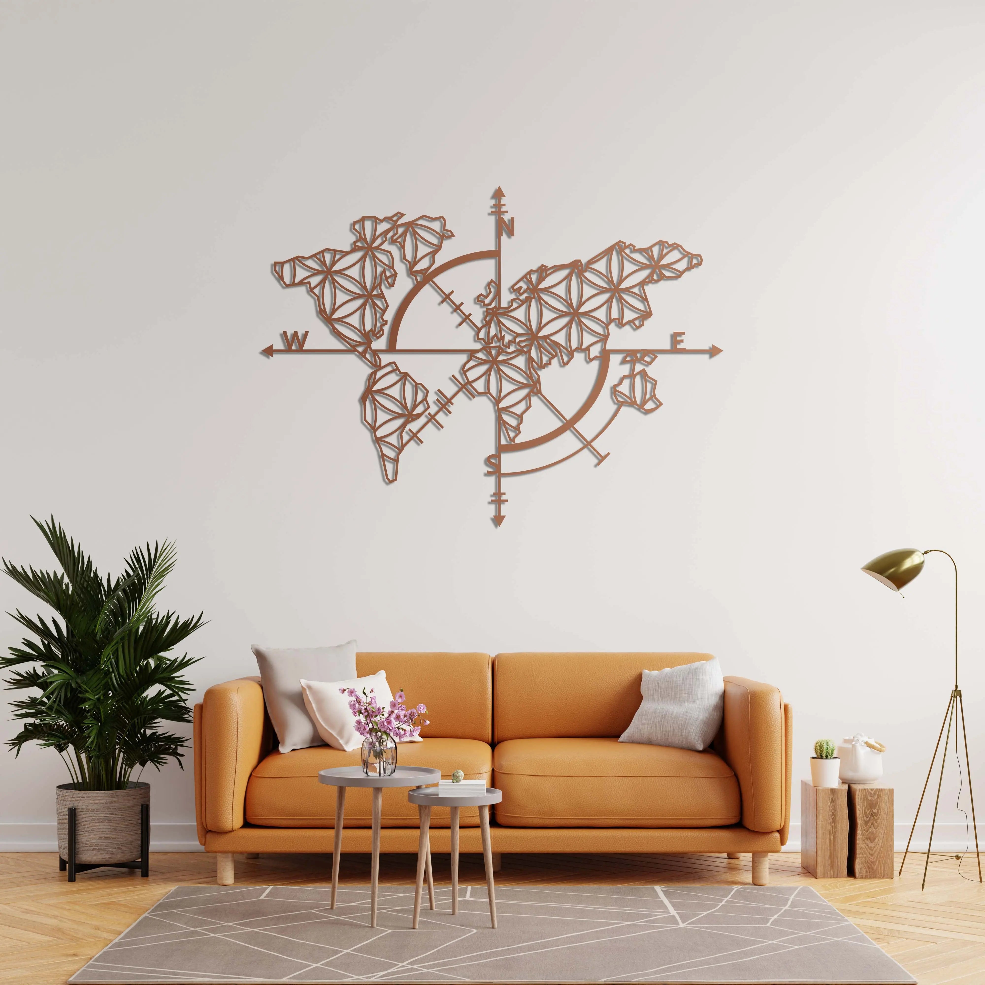 Pusula ve Geometrik Dünya Haritası – Metal Duvar Dekoru Laser Artique