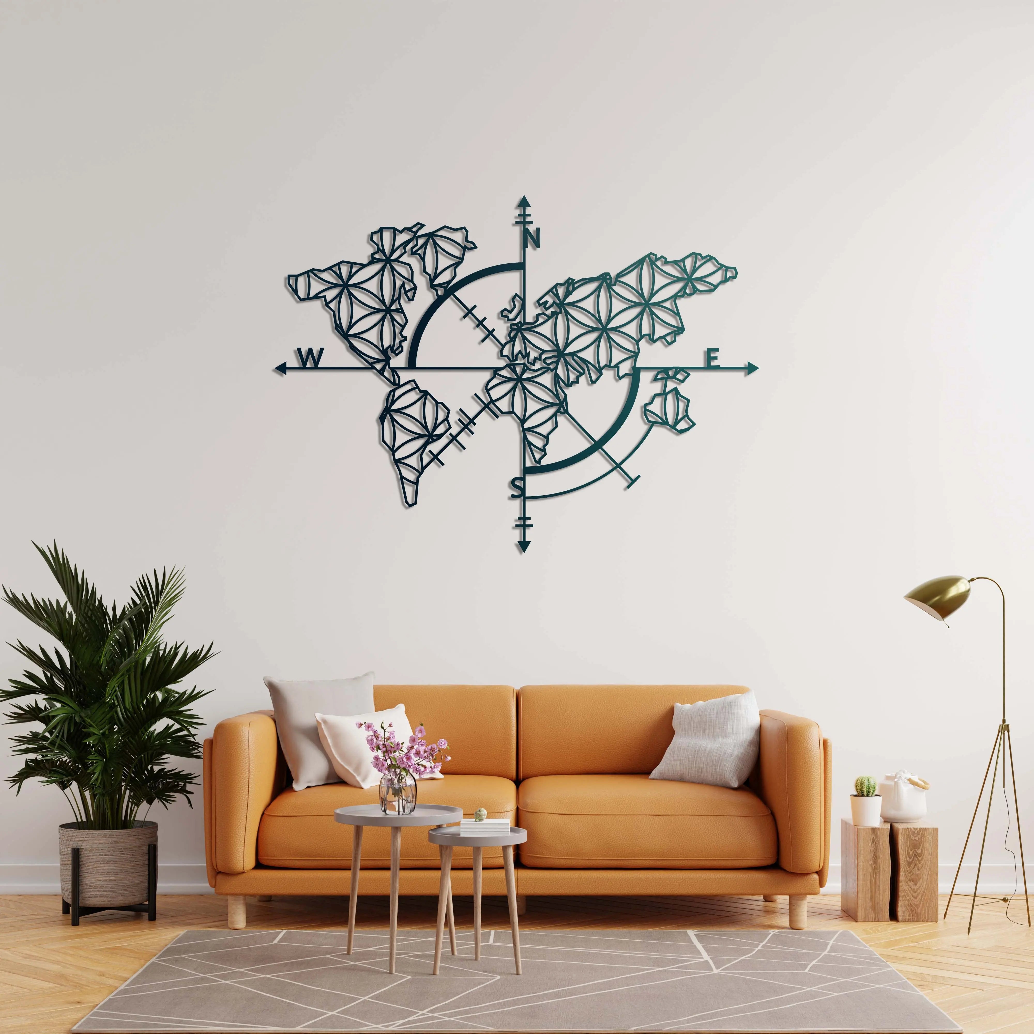 Pusula ve Geometrik Dünya Haritası – Metal Duvar Dekoru Laser Artique