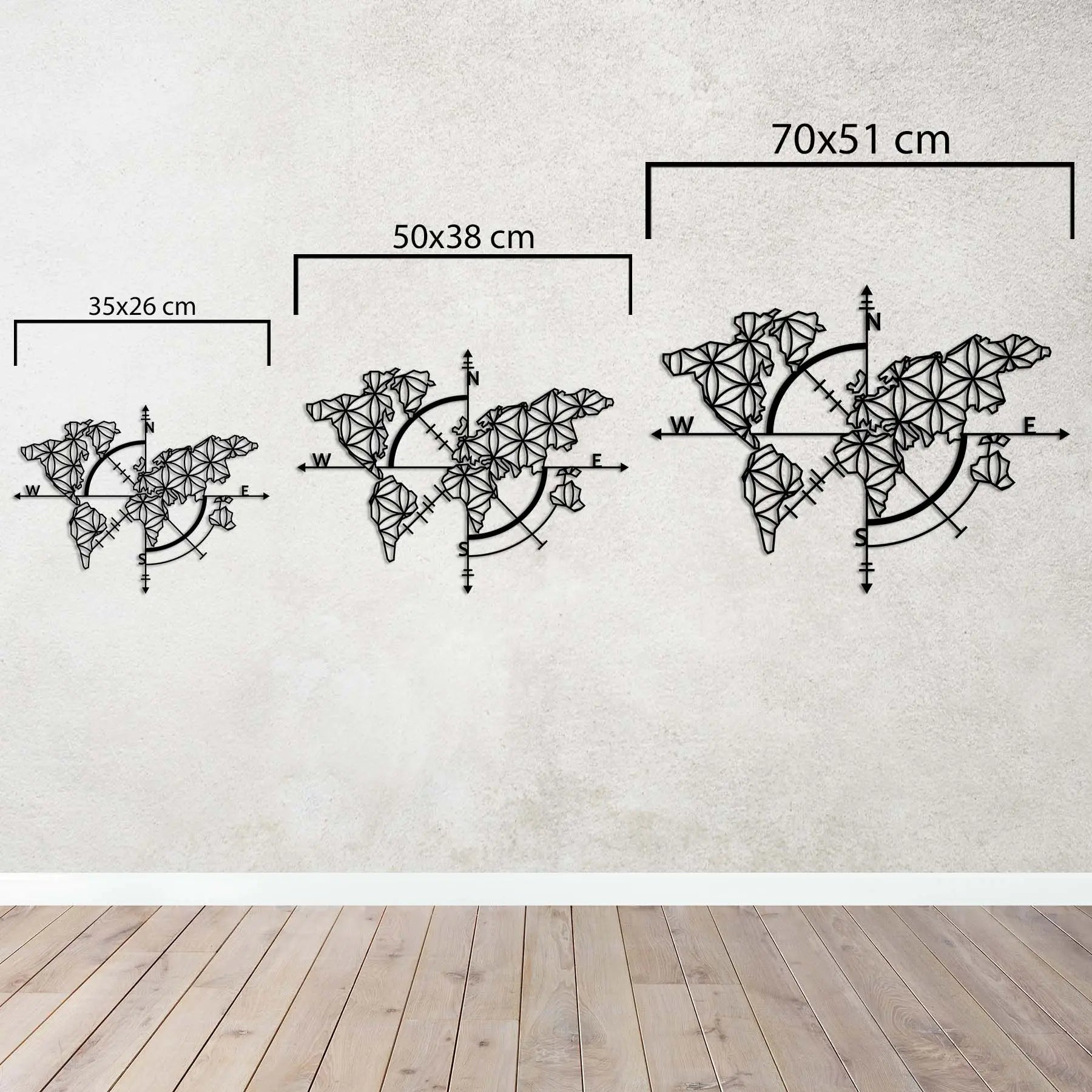 Pusula ve Geometrik Dünya Haritası – Metal Duvar Dekoru Laser Artique