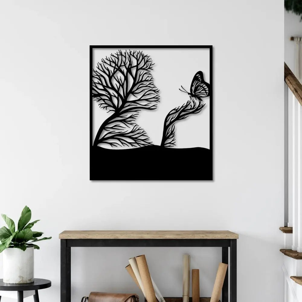 Kelebekli Kadın Metal Duvar Dekoru Laser Artique