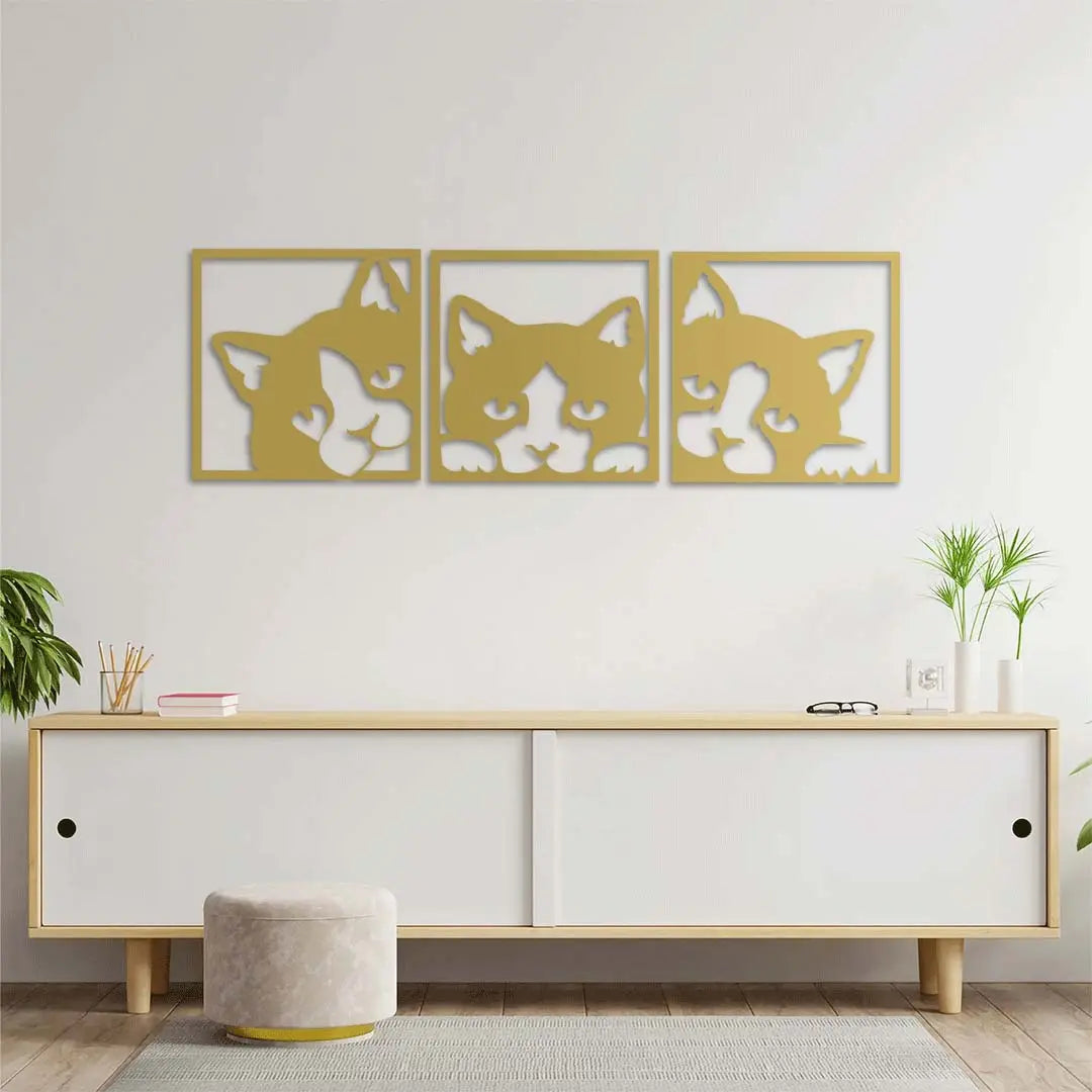 Geometrik Kedi Trio Metal Duvar Dekoru Laser Artique