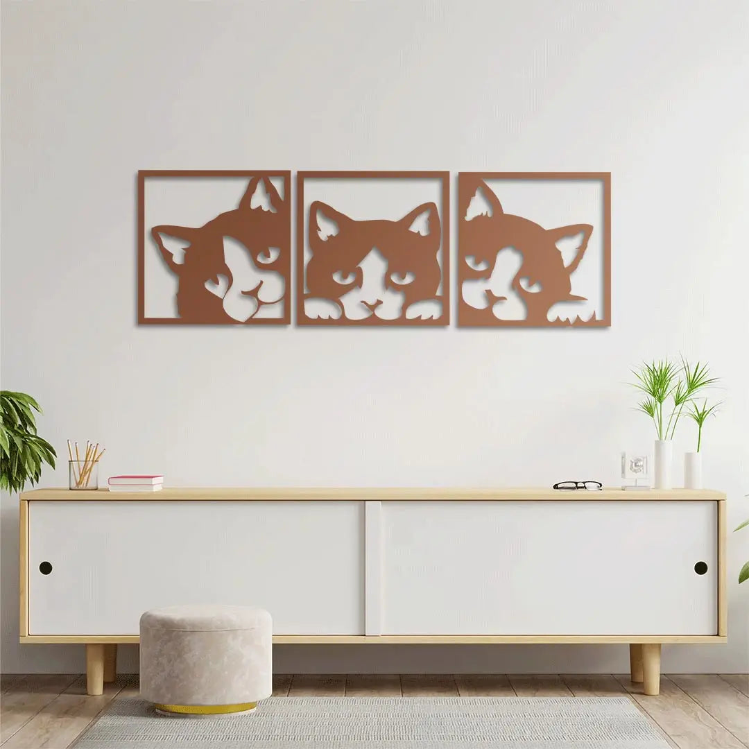 Geometrik Kedi Trio Metal Duvar Dekoru Laser Artique