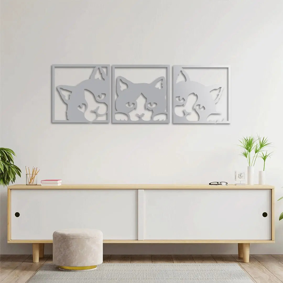 Geometrik Kedi Trio Metal Duvar Dekoru Laser Artique