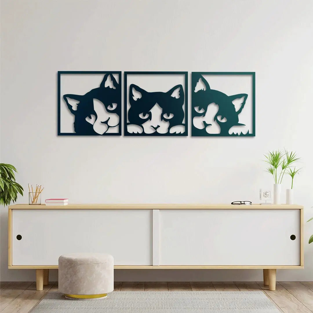Geometrik Kedi Trio Metal Duvar Dekoru Laser Artique