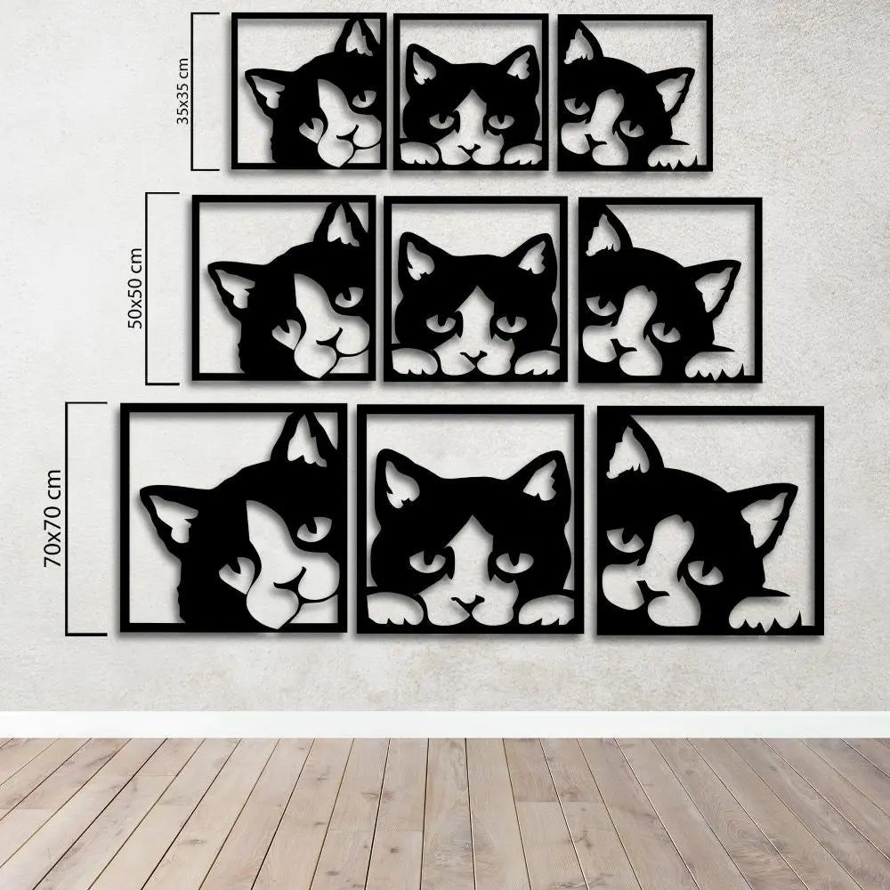 Geometrik Kedi Trio Metal Duvar Dekoru Laser Artique
