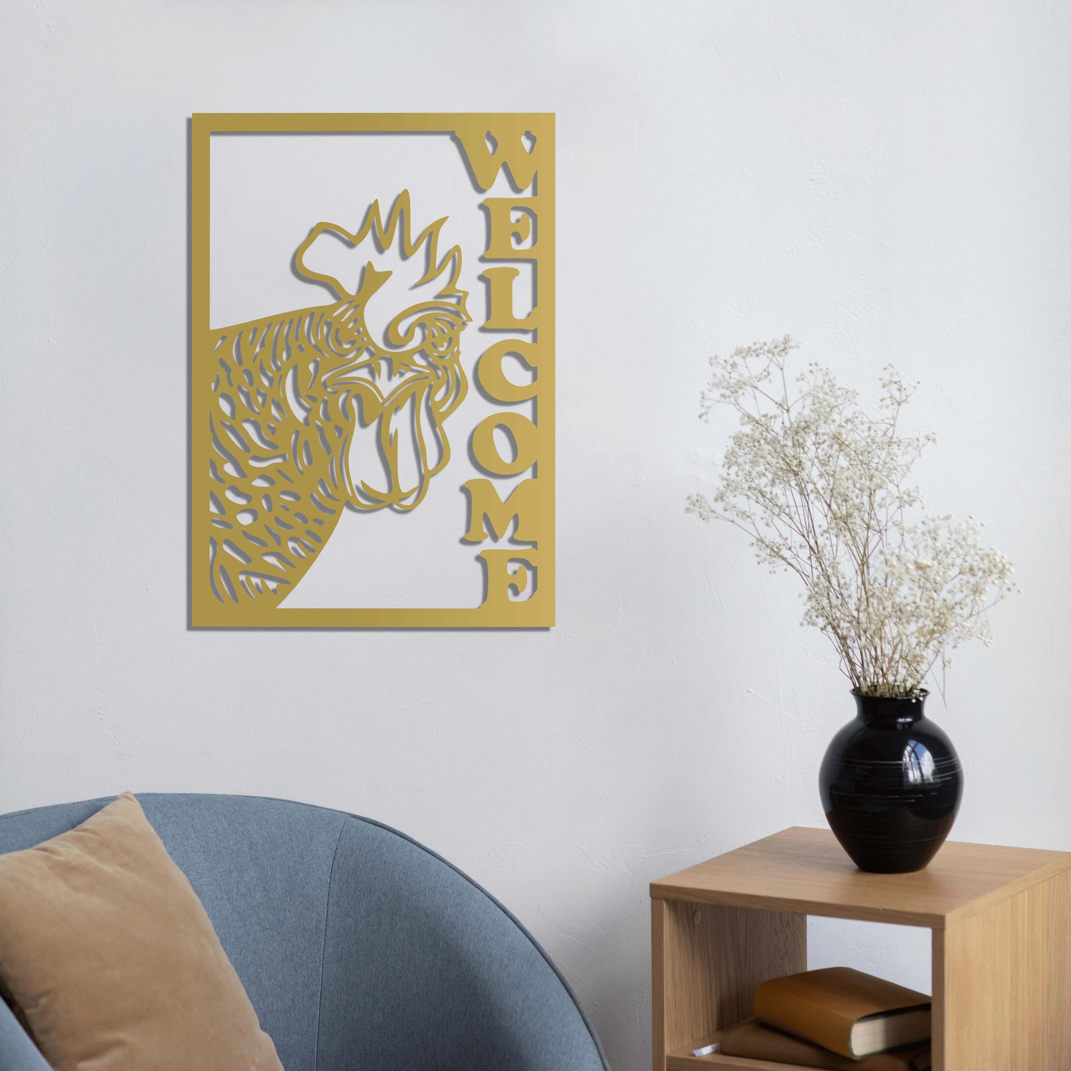 Hoş Geldin Horoz Metal Duvar Dekoru Laser Artique