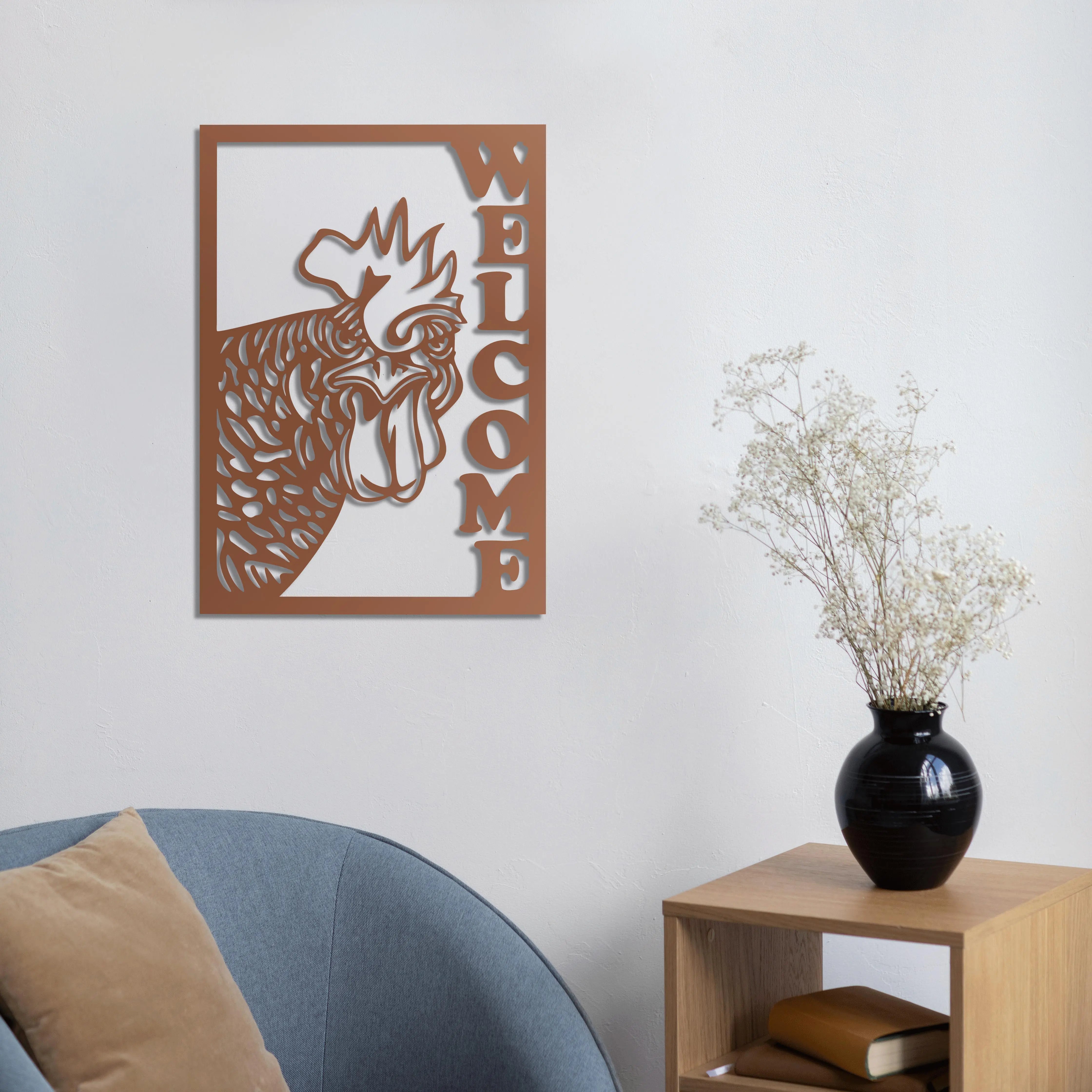 Hoş Geldin Horoz Metal Duvar Dekoru Laser Artique