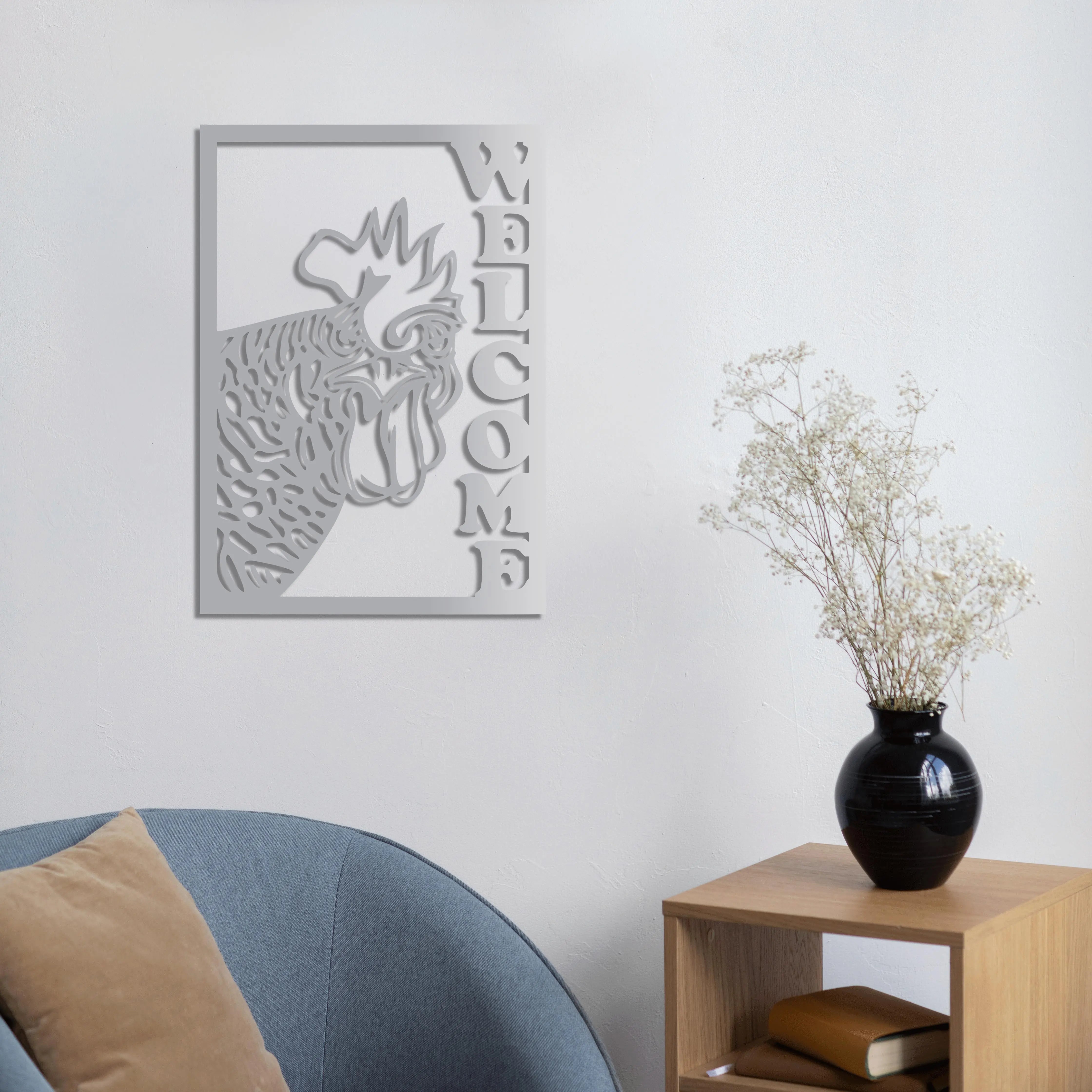 Hoş Geldin Horoz Metal Duvar Dekoru Laser Artique