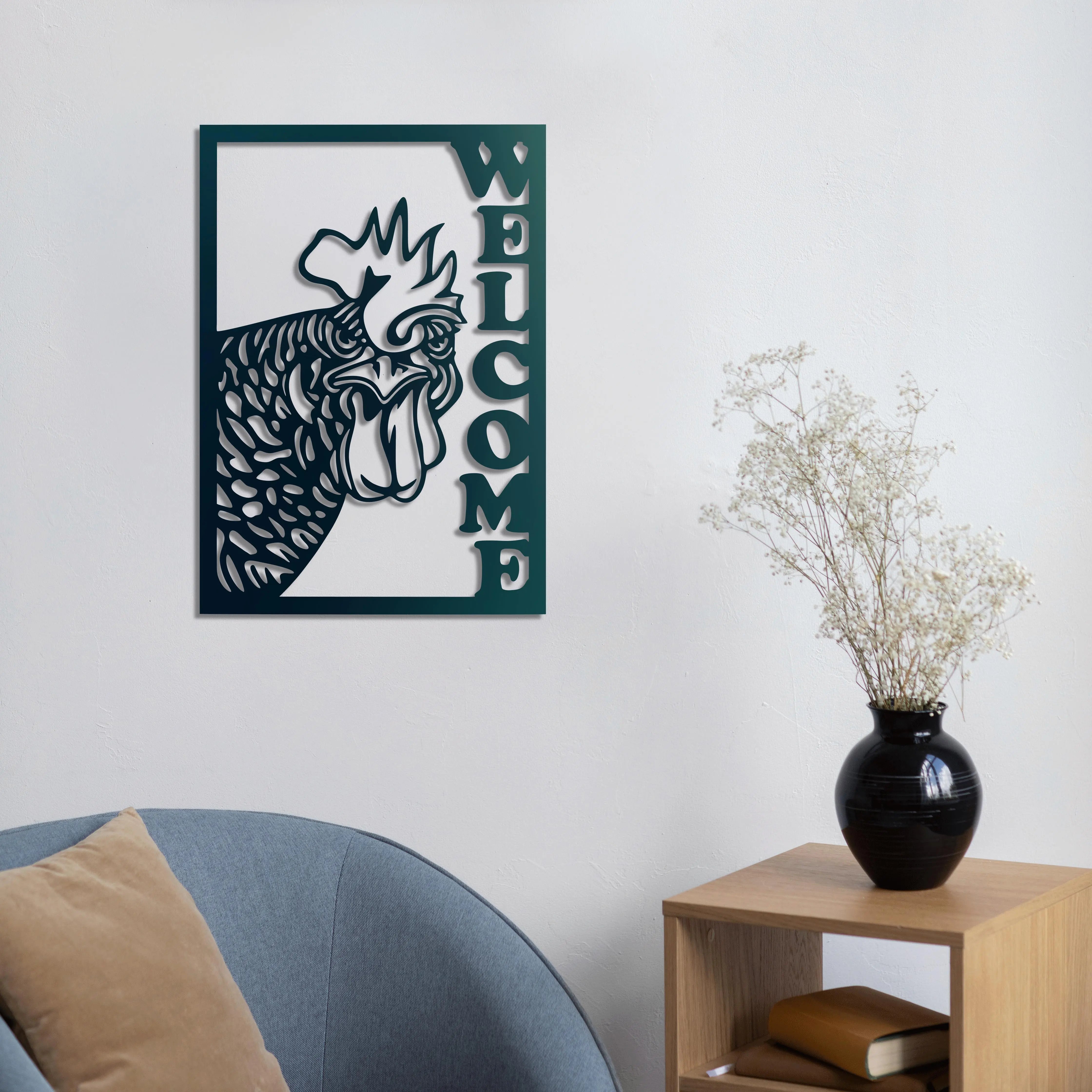 Hoş Geldin Horoz Metal Duvar Dekoru Laser Artique