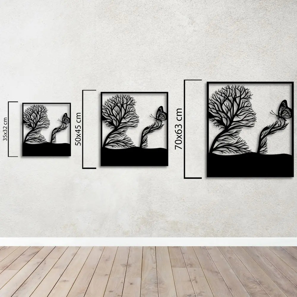 Kelebekli Kadın Metal Duvar Dekoru Laser Artique