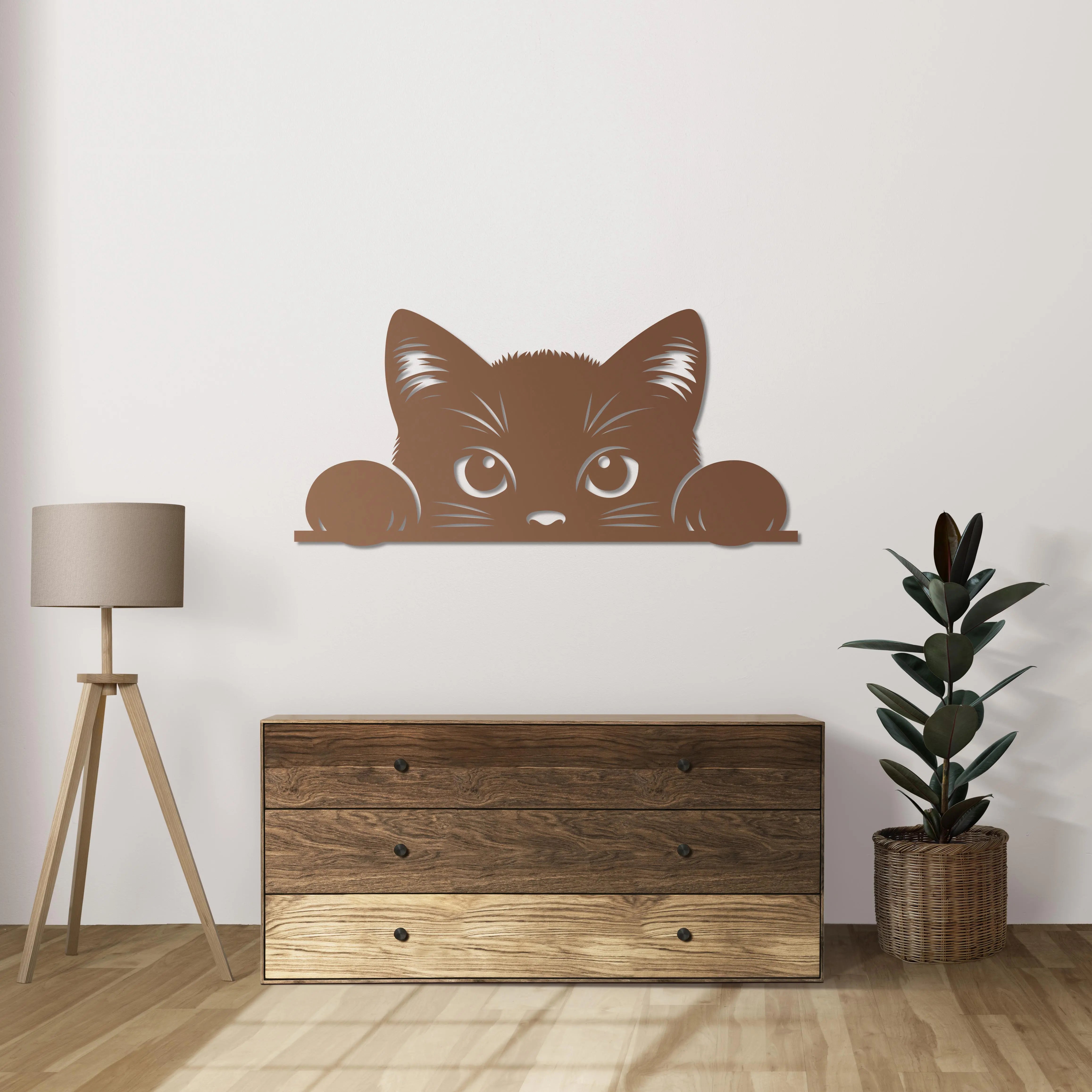 Meraklı Bakışlar Kedi Metal Duvar Dekoru Laser Artique