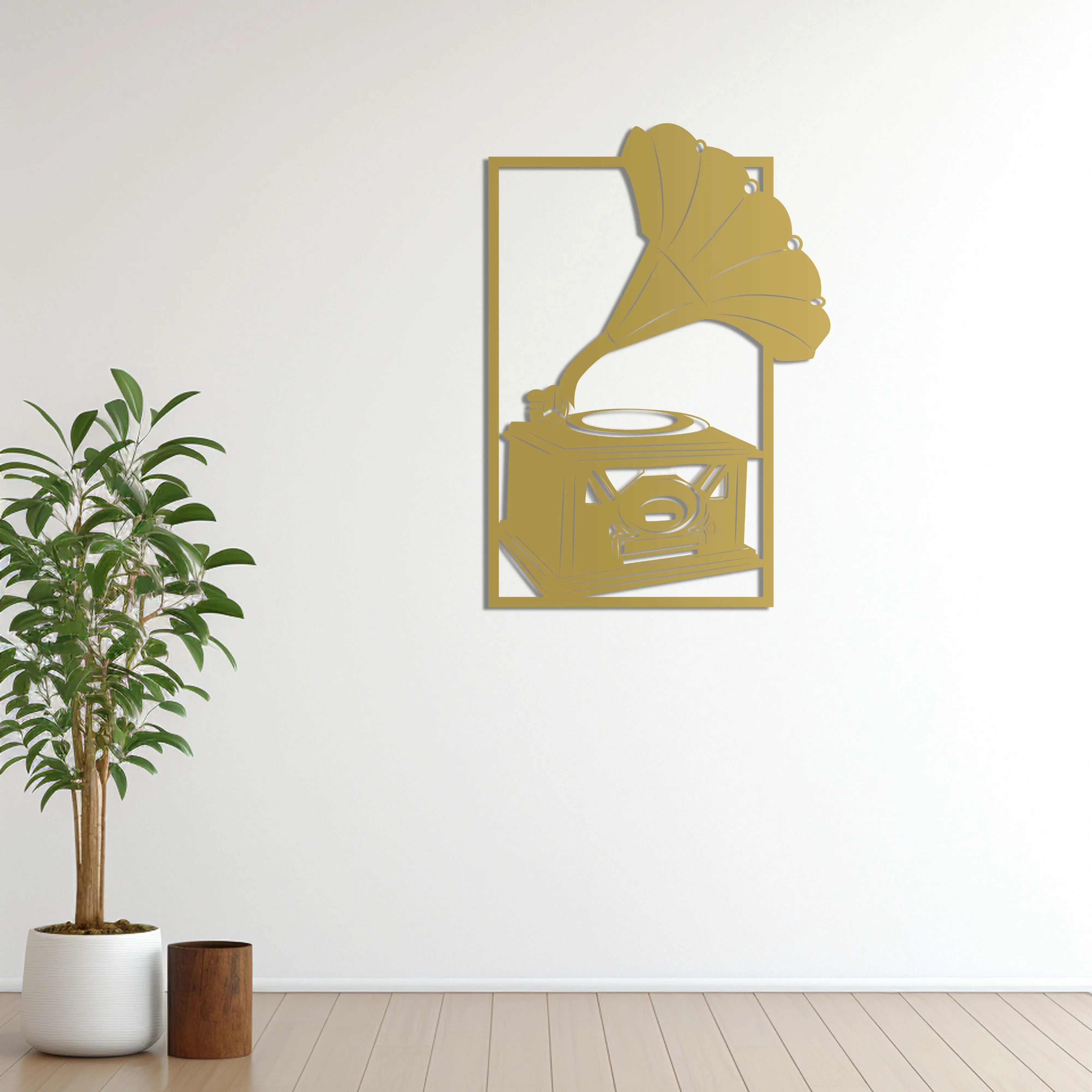 Nostaljik Ritimler Gramafon Metal Duvar Dekoru Laser Artique