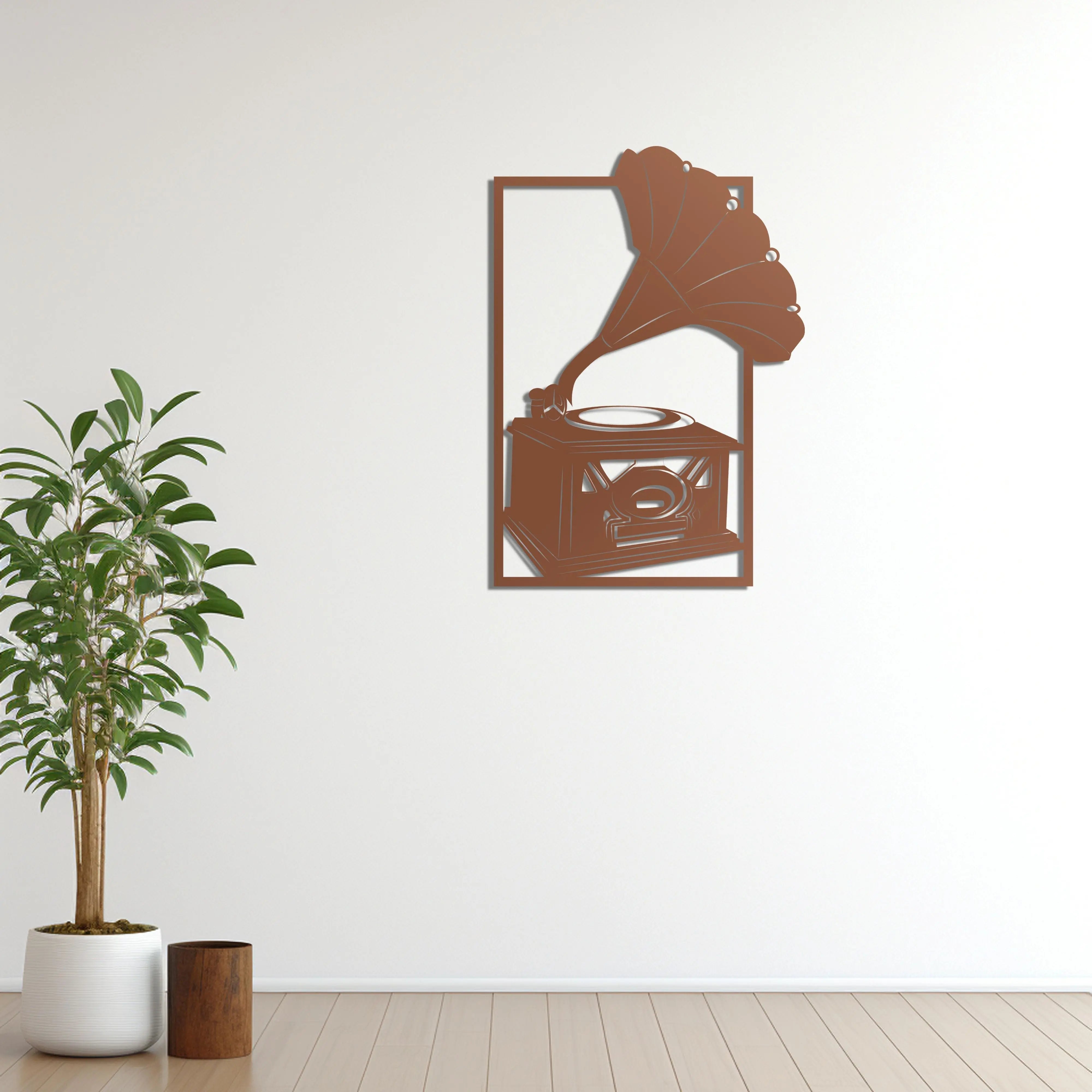 Nostaljik Ritimler Gramafon Metal Duvar Dekoru Laser Artique