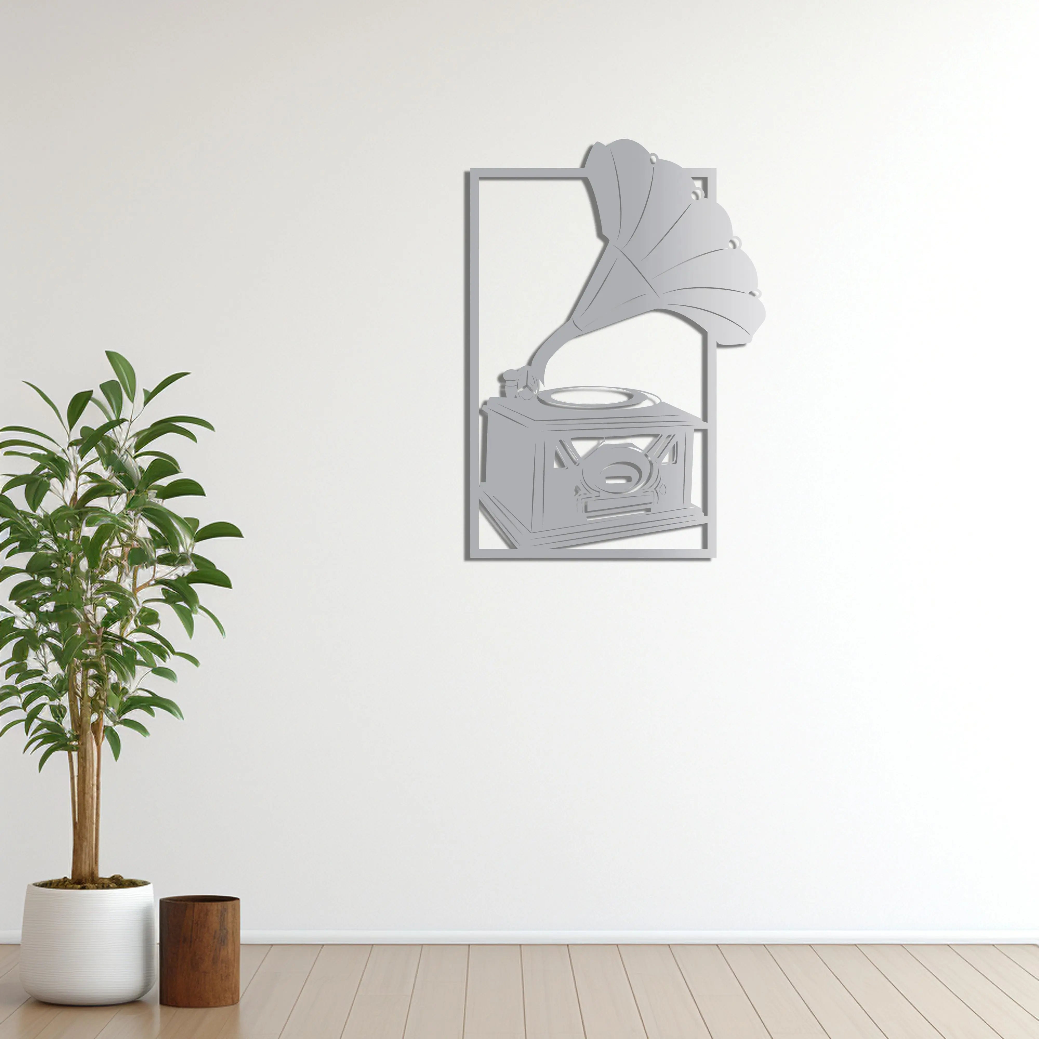 Nostaljik Ritimler Gramafon Metal Duvar Dekoru Laser Artique