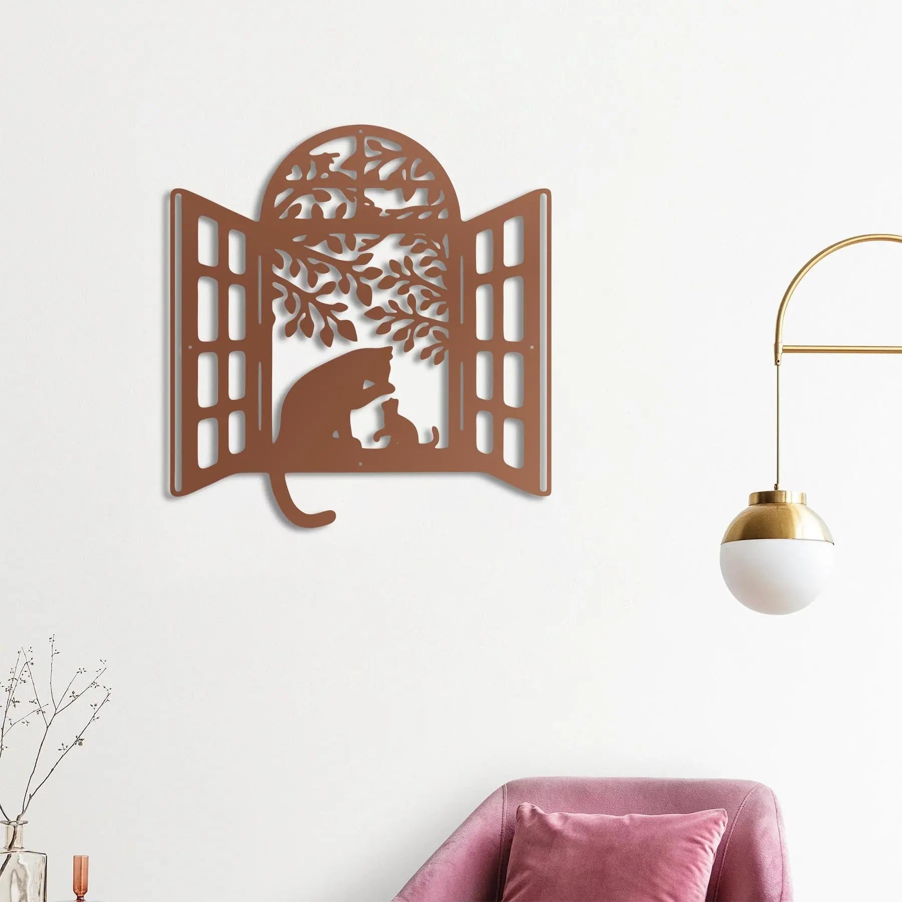 Penceredeki Dostluk Kediler Metal Duvar Dekoru Laser Artique