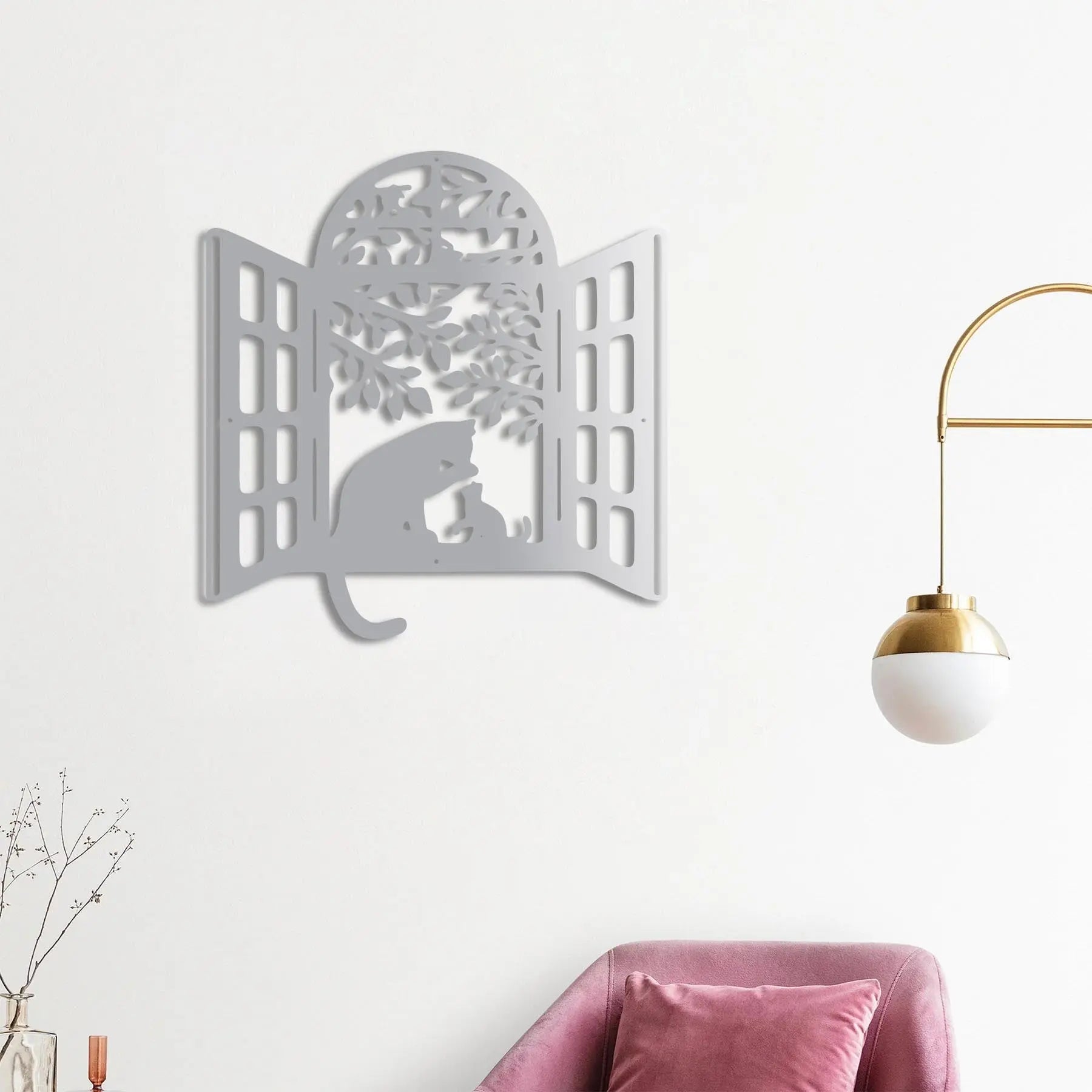 Penceredeki Dostluk Kediler Metal Duvar Dekoru Laser Artique