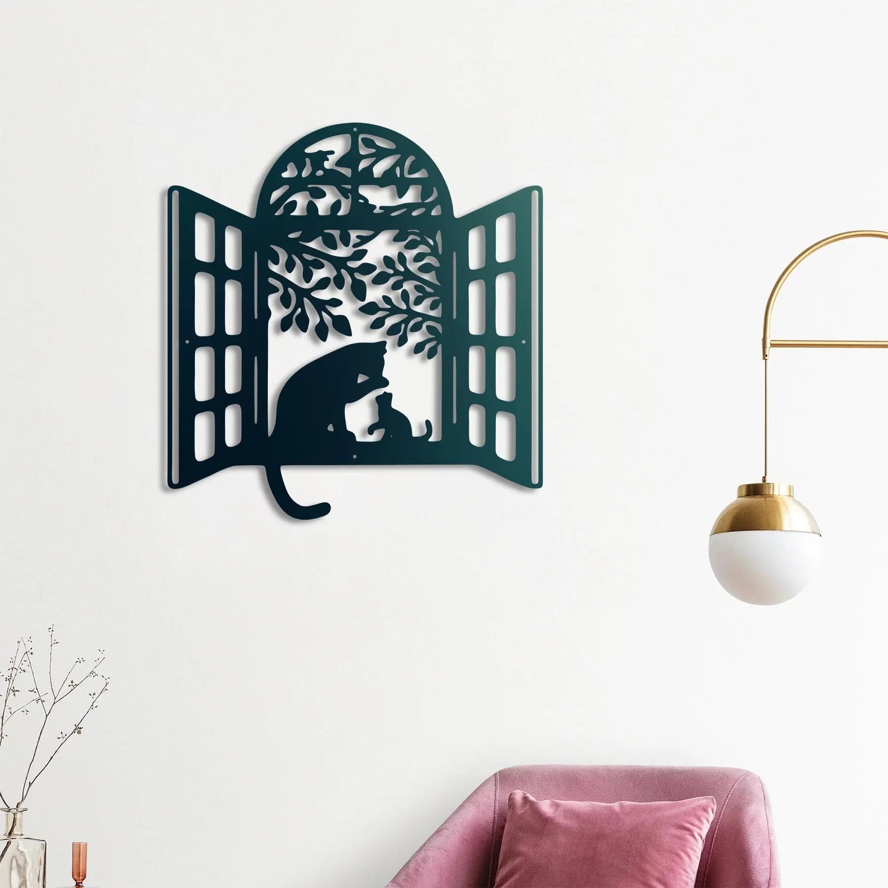 Penceredeki Dostluk Kediler Metal Duvar Dekoru Laser Artique