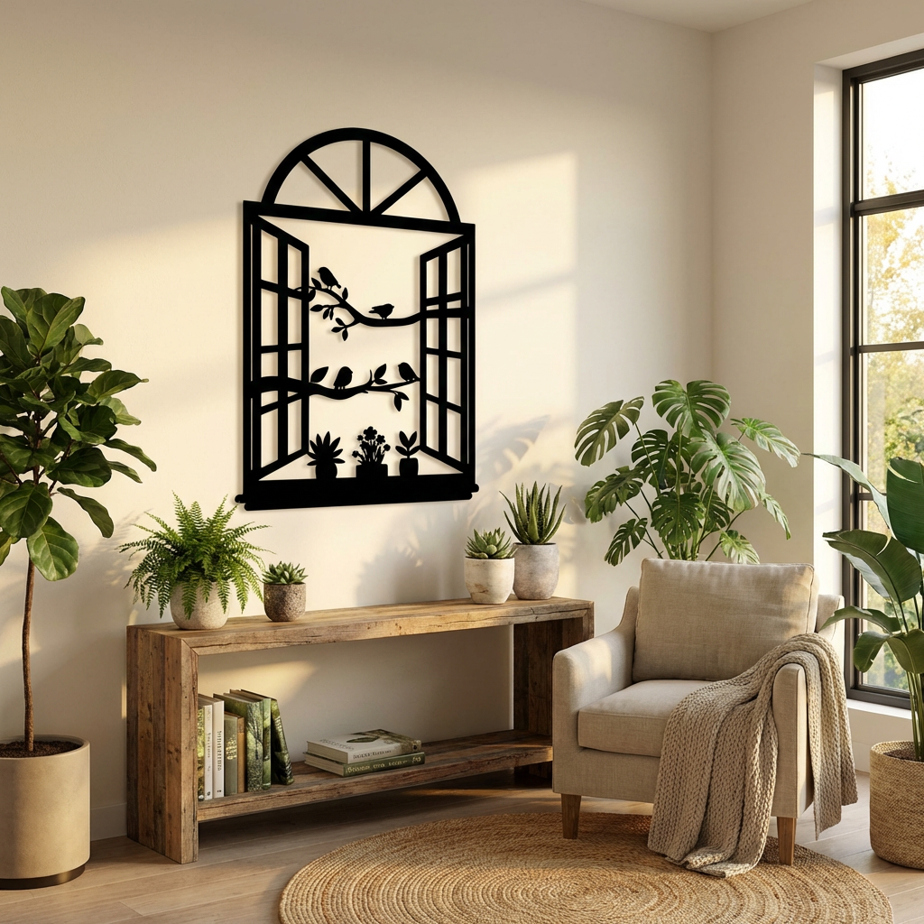 Penceredeki Kuşlar Metal Duvar Dekoru