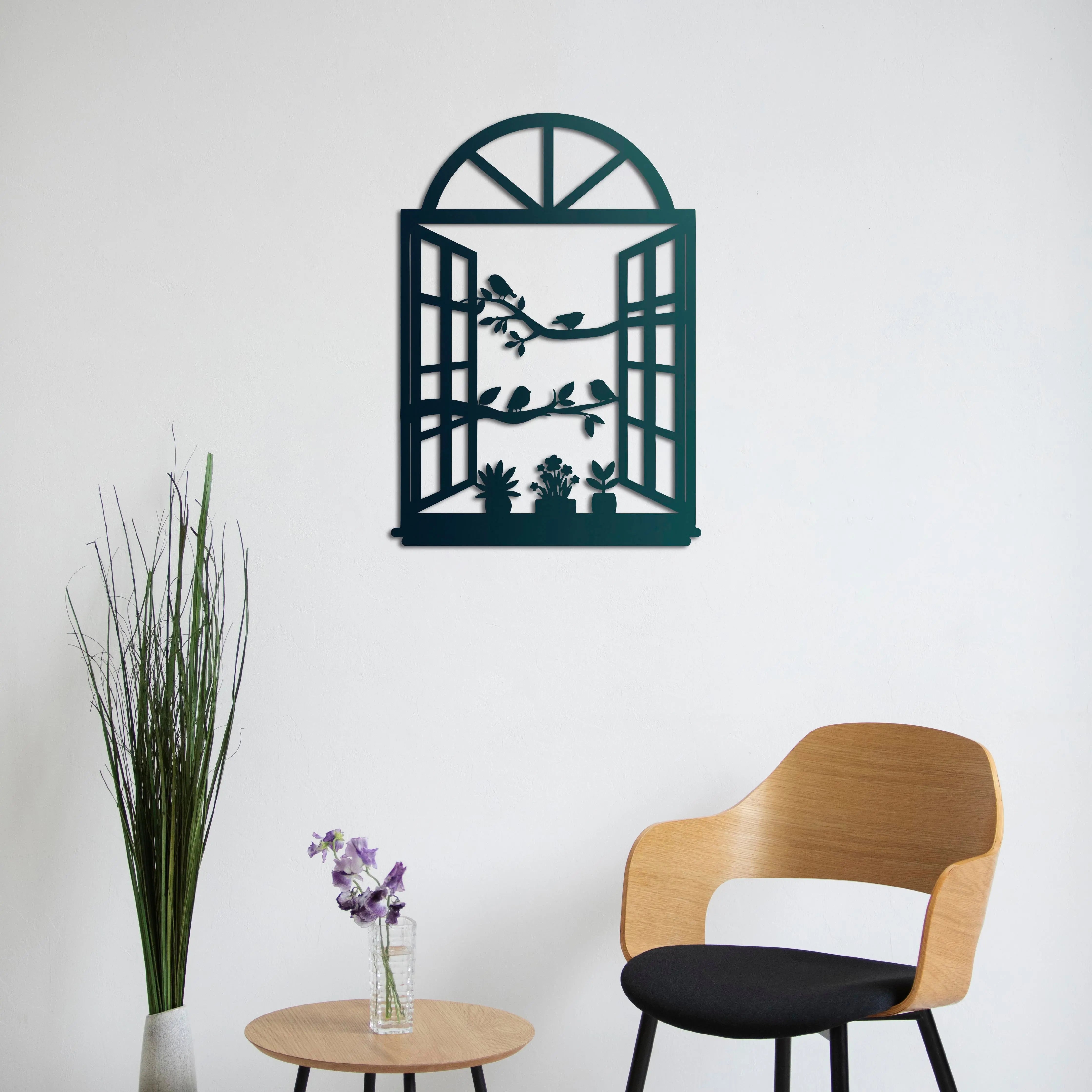 Penceredeki Kuşlar Metal Duvar Dekoru Laser Artique