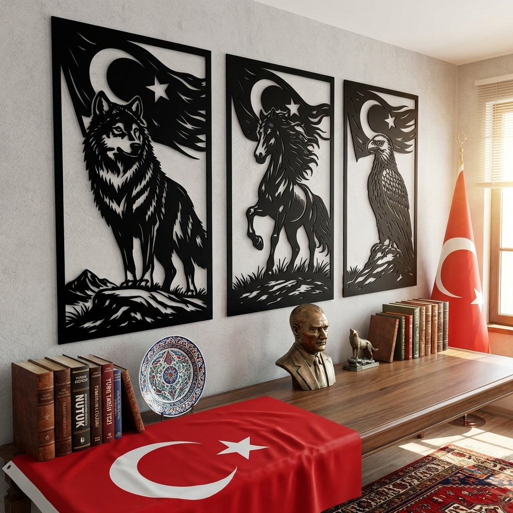 Türkün Sarsılmaz Gücü Metal Duvar Dekoru – Kurt, At ve Kartal 3’lü Set