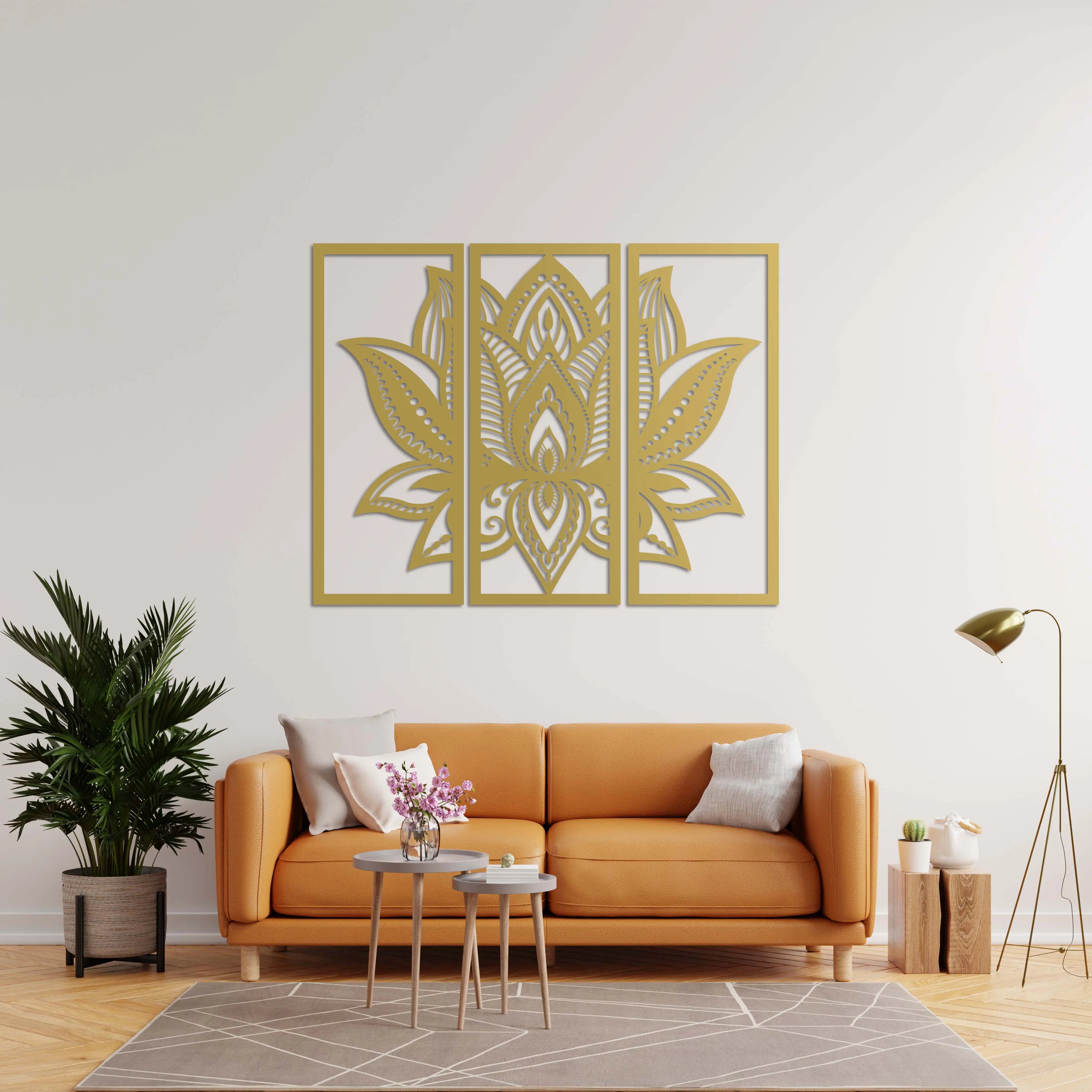 Üç Parça Lotus Metal Duvar Dekoru Laser Artique