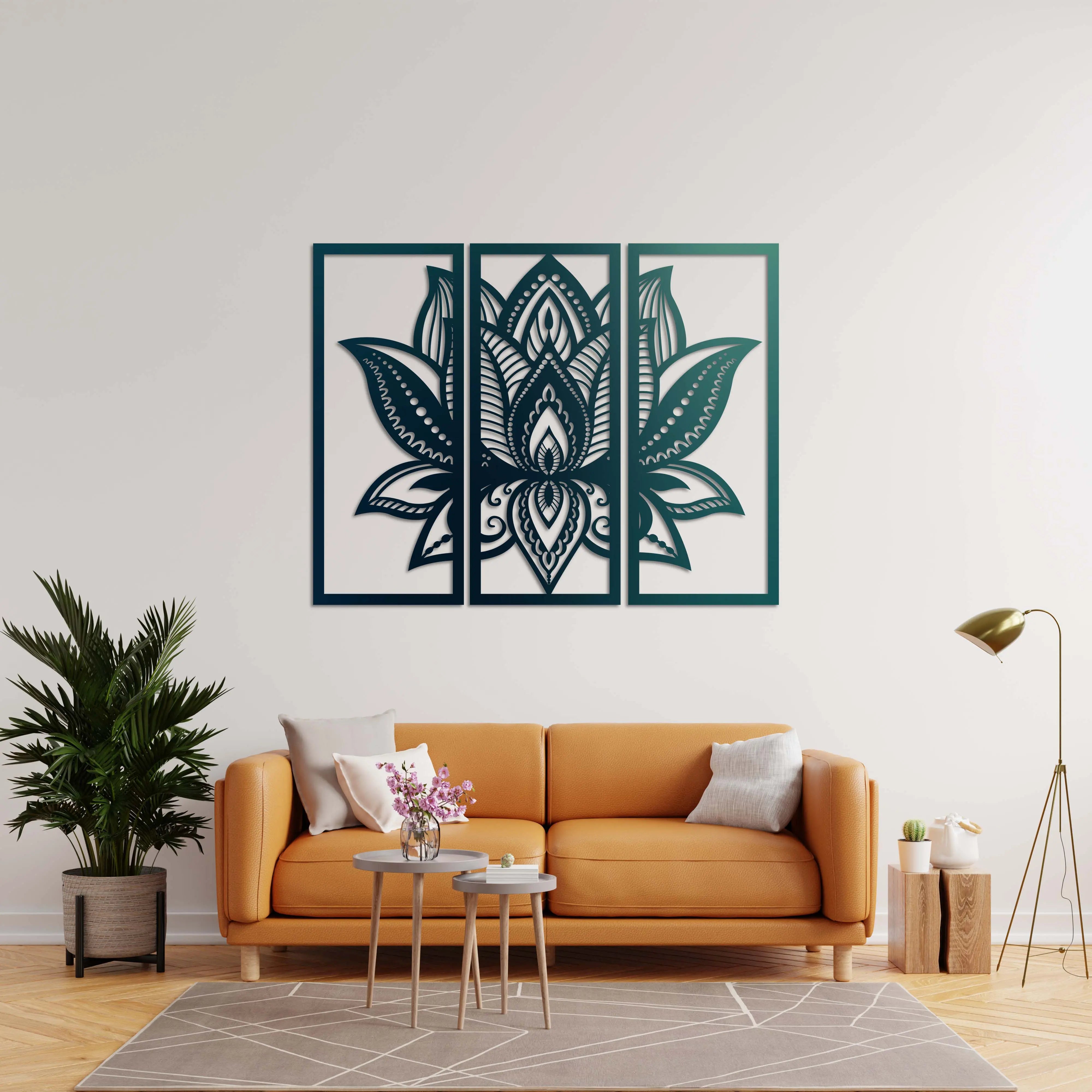 Üç Parça Lotus Metal Duvar Dekoru Laser Artique