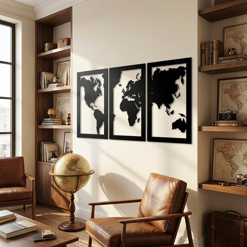 Üç Parçalı Dünya Haritası – Metal Duvar Dekoru