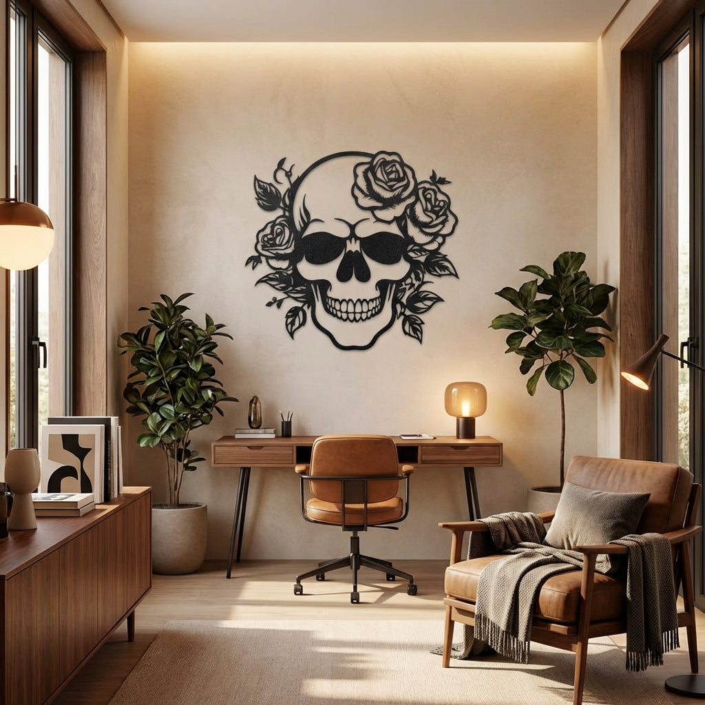 Çiçekli Kuru Kafa Metal Duvar Dekoru