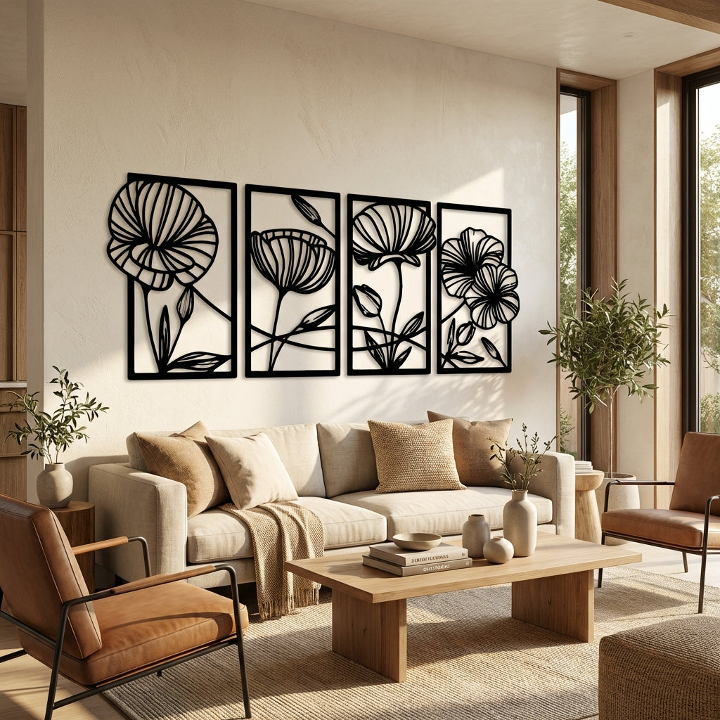 Çiçeklerin Sessiz Melodisi – 4'lü Metal Duvar Dekoru