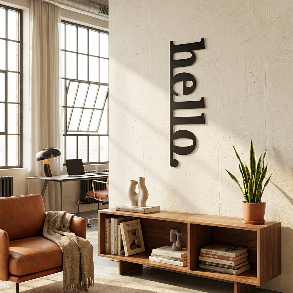 Dikey 'Hello' Yazısı Metal Duvar Dekoru