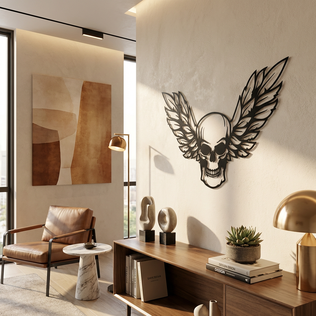 Kanatlı Kuru Kafa Metal Duvar Dekoru