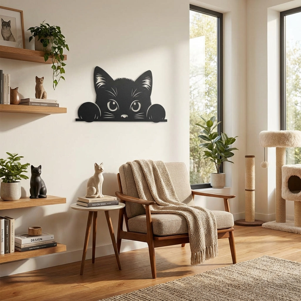 Meraklı Bakışlar Kedi Metal Duvar Dekoru