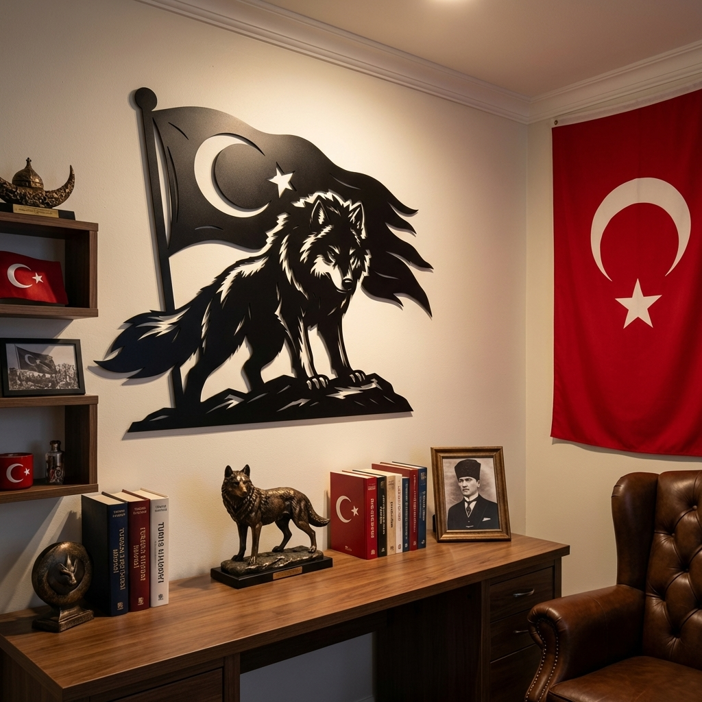 Türkün Sarsılmaz Ruhu Metal Duvar Dekoru – Kurt ve Bayrak Tasarımı