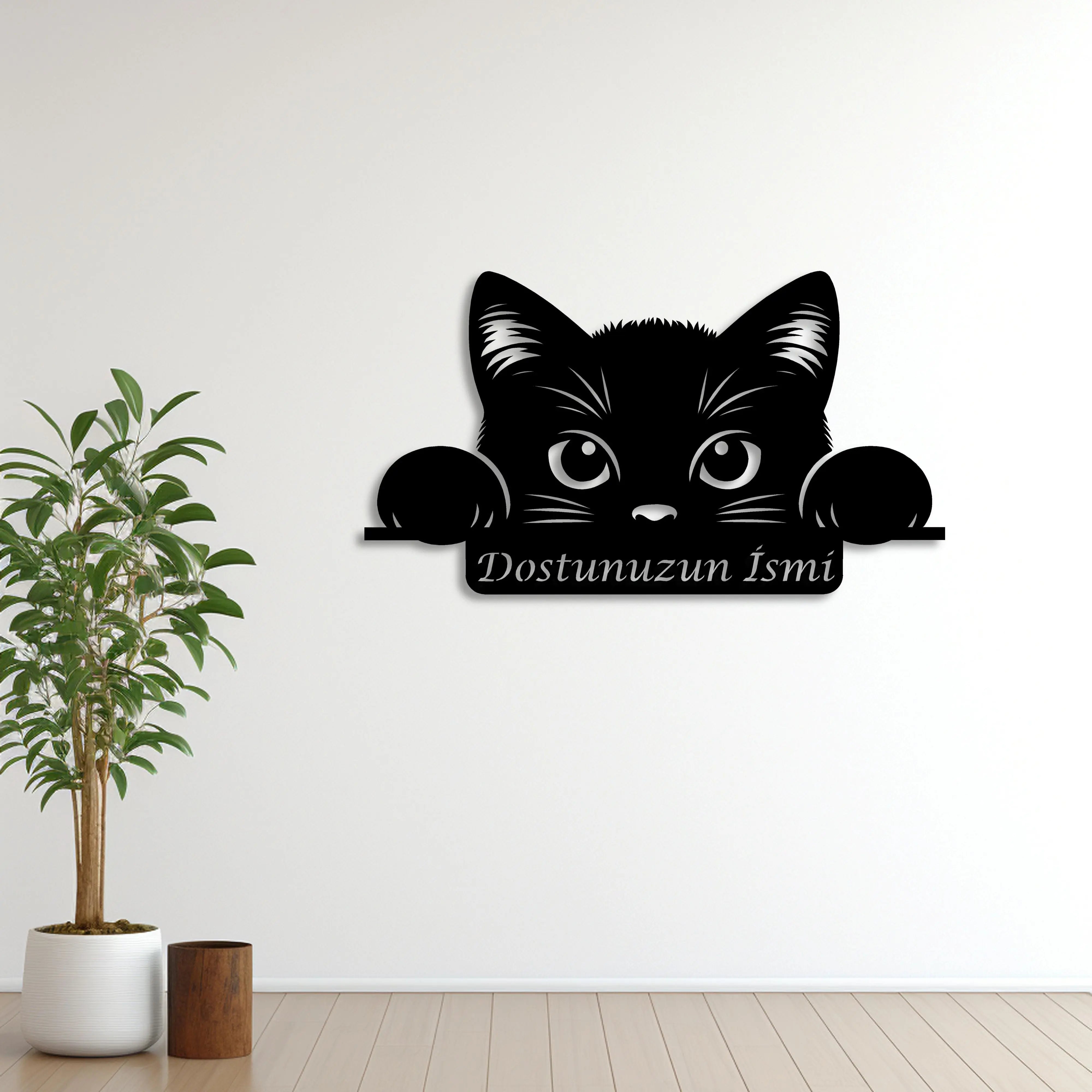 Meraklı Bakışlar Kedi Metal Duvar Dekoru Laser Artique