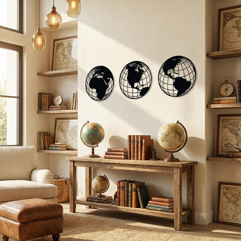 Üçlü Küresel Dünya Haritası – Metal Duvar Dekoru