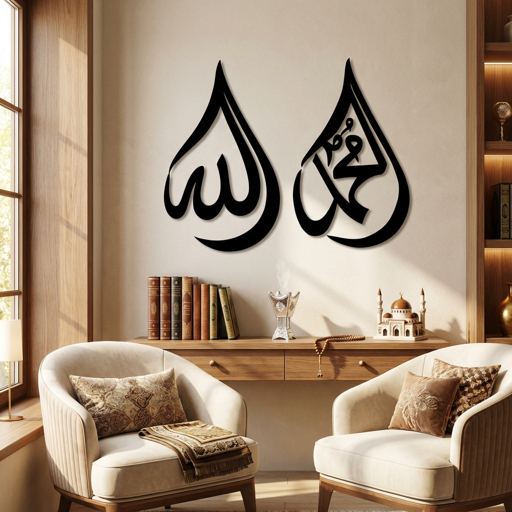 Allah ve Muhammed Damla İslami Metal Duvar Dekoru