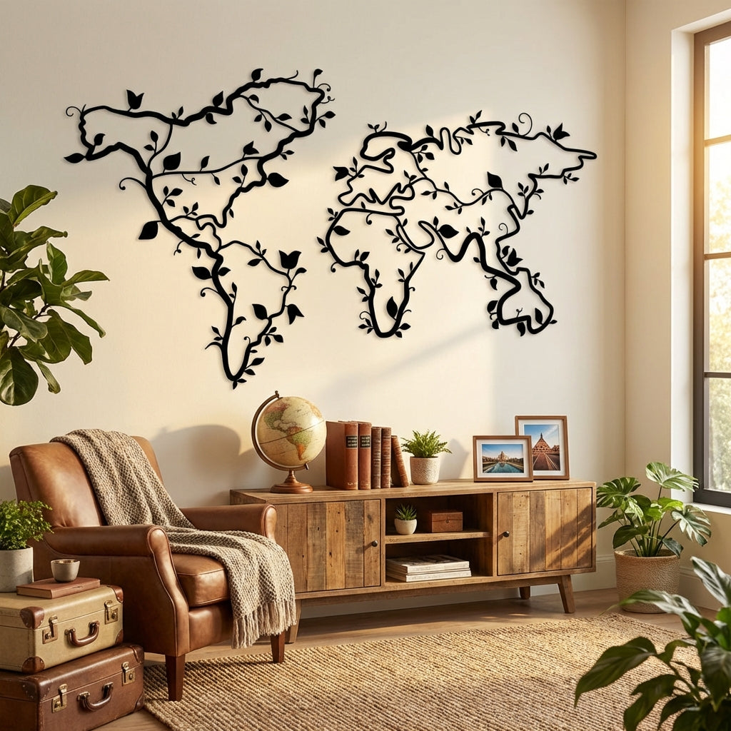 Doğayla Bütünleşen Dünya Haritası – Metal Duvar Dekoru