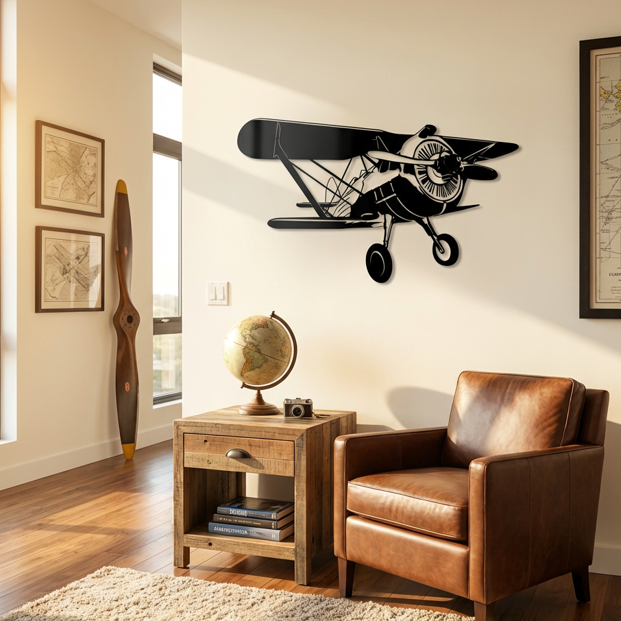 Klasik Radial Motorlu Uçak – Metal Duvar Dekoru