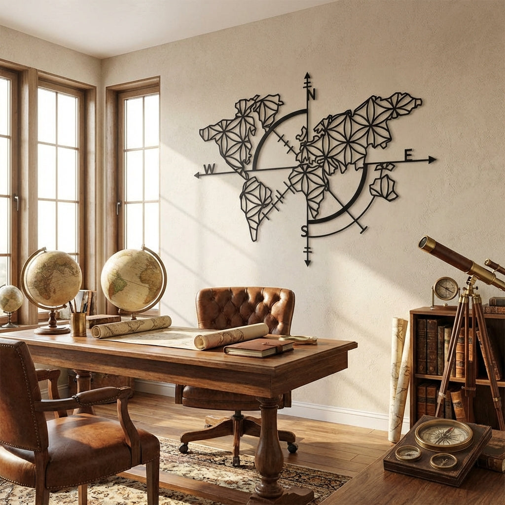 Pusula ve Geometrik Dünya Haritası – Metal Duvar Dekoru