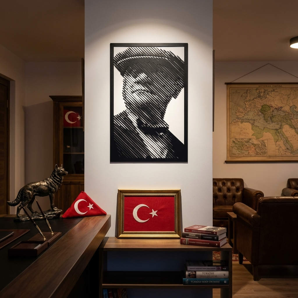 Modern Çizgilerle Şapkalı Atatürk Metal Duvar Dekoru – Portre Tasarımı